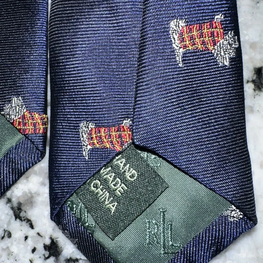 VTG Polo by Ralph Lauren Silk Tie  Scottie Dog In Sweater Navy Preppy Hand Made